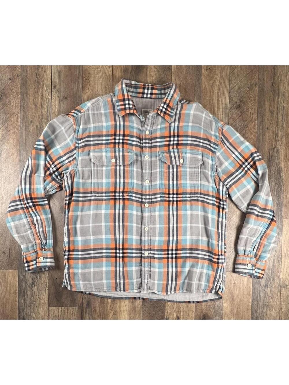 American Eagle Shirt AE Large Blue Orange Plaid Flannel Soft Button Up Pockets